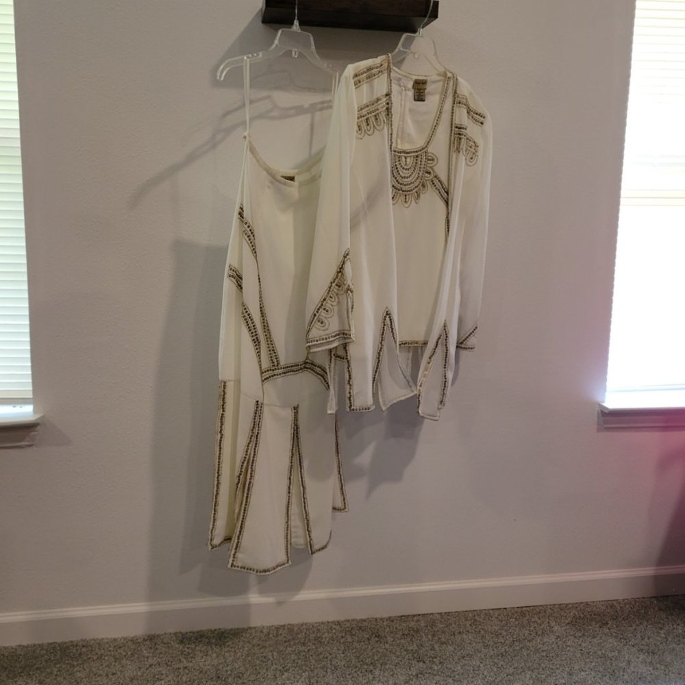 3-pc  formal wear skirt, camisole and jacket, off white with gold trim and cut-o